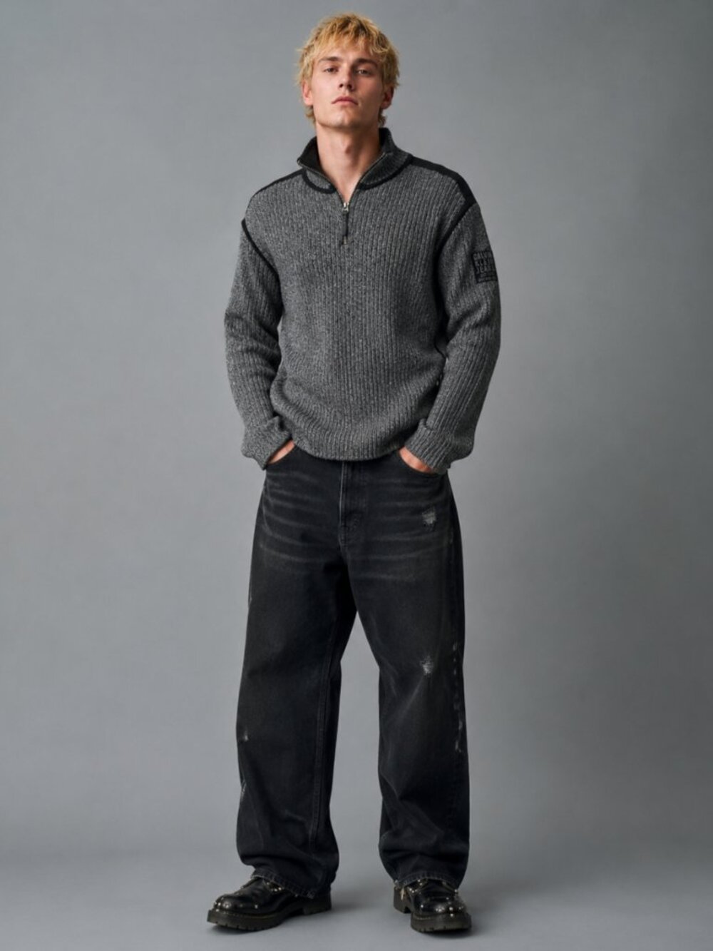 Calvin Klein Men`s XL Cotton Melange Grey Knit Quarter Zip Ribbed Sweater